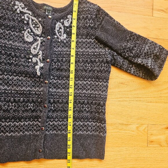 Eddie Bauer Womens Grey Fair Isle Lambs Wool Cashmere Cardigan Sweater Beaded M - Picture 10 of 12